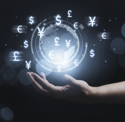 Hand holding virtual world with currency sign for forex exchange and global money transfer by technology concept.